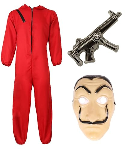 Adults Bank Robber Halloween Costume - Small - Red Jump Suit, Mask and Inflatable Machine Gun - Adults Halloween Fancy Dress Costume