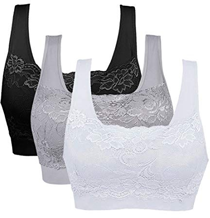 Vertvie dam stretch-bh utan byglar, push-up, yoga, sport bh, toppset för träning, stoppning, 3-pack, Svart + vit + ljusgrå, M