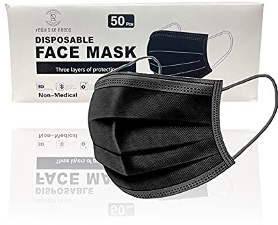 REQUISITE NEEDS FACE MASK - 3PLY - DISPOSABLE Nose & Mouth Cover with 3-Layer Material, Elastic Ear Loops & Comfortable Universal Design for Adults & Kids (Pack Of 50, Black)