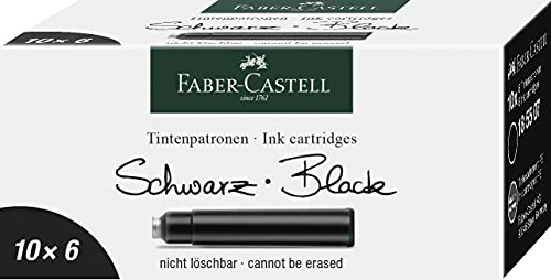 Faber-Castell 185507 Paquete de cartuchos de tinta de 6 x 10 unidades, negro, estándar, borrable en azul, para plumas estilográficas con sistema de cartucho estándar, tintas de calidad fabricadas en