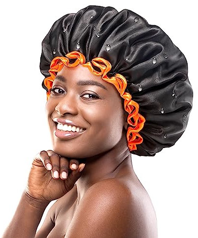 mikimini Black Large Shower Cap for Women Long Hair, Reusable Waterproof Shower Hats for Men, Double Layer Washable Bath Cap for Thick Curly Hair
