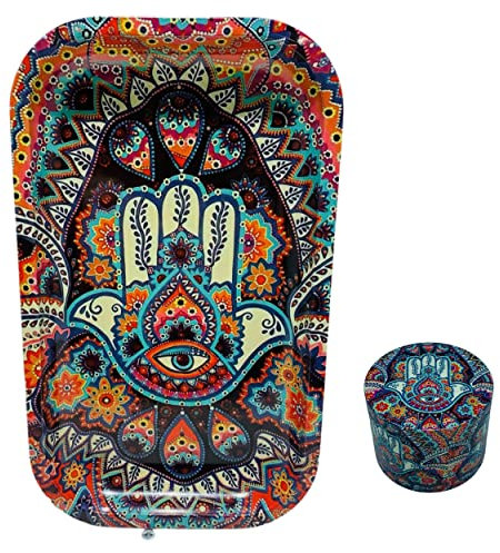 COMBO !!! Ensemble kit set Plateau de roulage main de Fatma Fatima Khamsa Khomsa 27 x 16 cm en fer solide + Grinder assorti 50 mm de diamètre en 4 parties moulin à épices zinc robuste Rolling tray