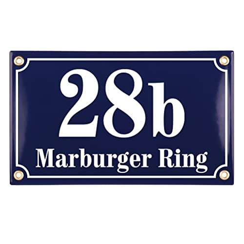 Sosenco Hausnummerschild Hausnummer mit Straßenname - 25x15 cm - Keramik Emaille - Wetterfest - Personalisiert (Blau)