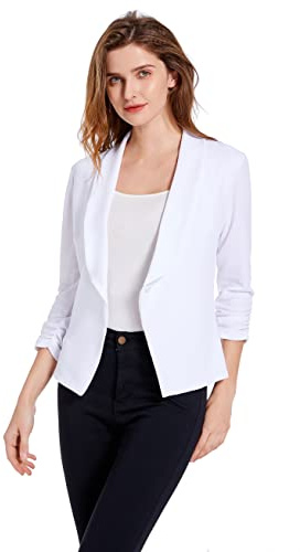 Women's Button up 3/4 Sleeve Slim Short Blazer Suit Jacket Business Casual White Blazers (M, 03 White)