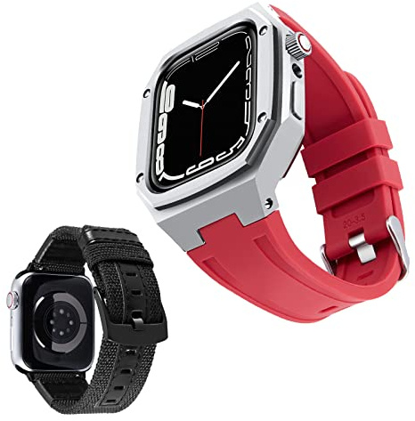 BINLUN Bracelets Compatible avec Apple Watch 44mm 45mm 2 Pièces Bracelet de Montre en Silicone avec Boîtier en Métal Bracelet en Toile Compatible avec iWatch Serie 9/8/7/SE2/SE/6/5/4 (Rouge,Argent)