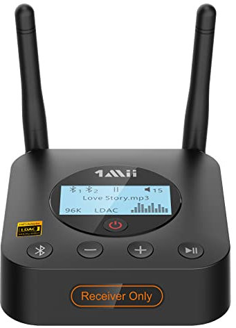 1Mii B06Pro+ Receptor Bluetooth 5.1 HiFi, Adaptador Audio Hi-Res LDAC, aptX Baja latencia& HD con Pantalla LCD, Salida Óptica AUX 3,5mm, Control Volumen, Largo Alcance 60m para Estéreo, Amplificador