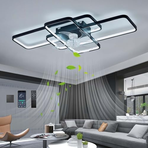 120W Groß Ventilator Mit Licht Modern Dimmbar LED Deckenventilator Mit Beleuchtung Und Fernbedienung/APP Reversibel 6 Gang Timer Leise Lampe Mit Ventilator Für Wohnzimmer Schlafzimmer-Black||102cm