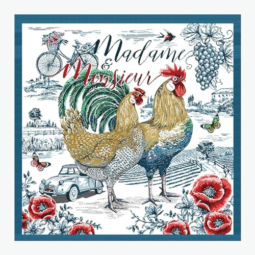 Stoff am Stück Stoff Kissen Panel Polyester Baumwolle Gobelin weiß Huhn & Hahn 50 cm x 50 cm Madam & Monsieur