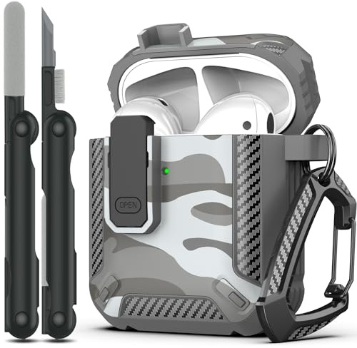 RFUNGUANGO Kompatibel mit für AirPods 2 Generation hülle Schutzhülle mit Reinigungsset, militärische Hartschalen-Schutzhülle mit Schloss für AirPod Gen 1 & 2 Ladehülle,Grau getarnt
