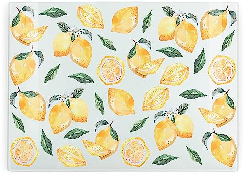 Watercolour Lemons Glass Chopping Board - Rectangular Large Glass Worktop Protector - Citrus Yellow Kitchen Chopping Cutting Board Worktop Saver with Non-Slip Feet 39cm x 28.5cm (15 x 11)