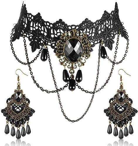 Meleager Vampir Ketten und Ohrring, Gothic Halskette, Spitze Gothic Halsband, Accessoires Schmuck Damen, Lolita Dekoration Choker, Für Karneval, Halloween, Maskerade, Cosplay