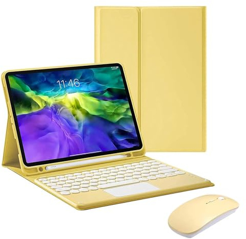 Funda con Teclado para iPad 10.2 pulgadas 2021/2020/2019 con Ratón, Desmontable Español Ñ Touchpad QWERTY Teclado con Soporte para Lápices para iPad 10,2 9ª/8ª/7ª Generación, Amarillo con Touchpad