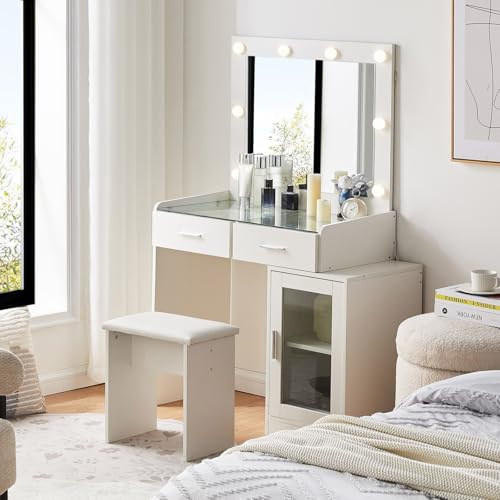 CLIPOP LED Spiegel Schminktisch mit Variables Beleuchtung und Hocker,Frisiertisch Kosmetiktisch mit 2 Schubladen und Schrank Modern Make-up Tisch Stuhl Set