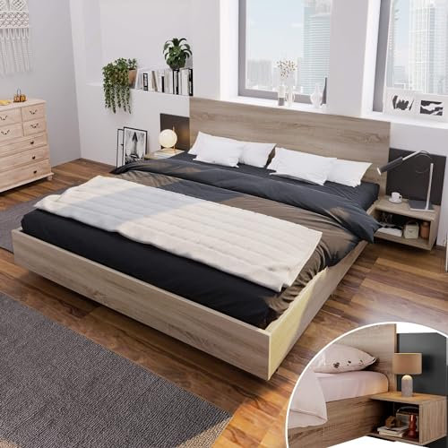 MQGPM Stilvolle Doppelbett Bettanlage 160 x 200 cm, Mit 2 Nachtkommoden Modernes Bett inkl, Schlafzimmer Komplett Set-205.5x235x76.5 cm(T/B/H) Set in Eiche Sonoma (Ohne Matratze)