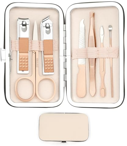 Kit Manucure et Pédicure 7pcs - Coupe Ongle Avec Réservoir, Coupe Cuticule, Soin Des Ongles et Des Mains - Cadeau Femme Original Utile (Or Rose)