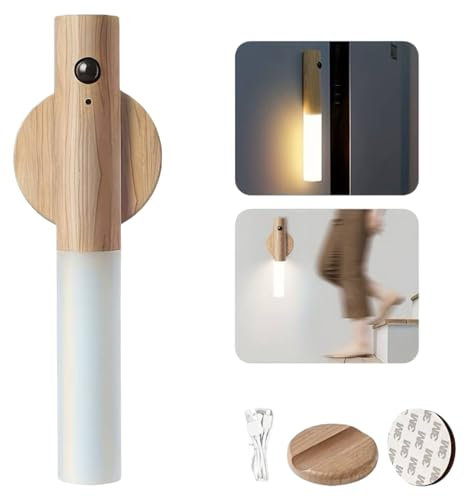 Zoe & Jim Magnetic Wall Light with Motion Sensor and USB Rechargeable. Wall Mounted Wood Torch Light Warm White for Indoor Use. Good for Bedside Lamp, Living Room, Hallway, Staircase (Ash)