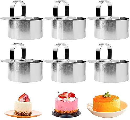 WSAMJIN 6 Pieces Stainless Steel Mousse Moulds, Mousse Ring Set with Pusher, Round Food Rings Non-Stick Baking Tools for Baking, Pastry, Dessert, Crumpets, Cheesecake (8cm Diameter)