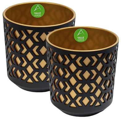 Valle Verde 2er Set Blumentopf Pflanzentopf Kräutertopf Deko Blumenkübel Pflanzgefäß Geometrisches Muster Rund Kunststoff (Ø 19,5 cm Schwarz-Gold)