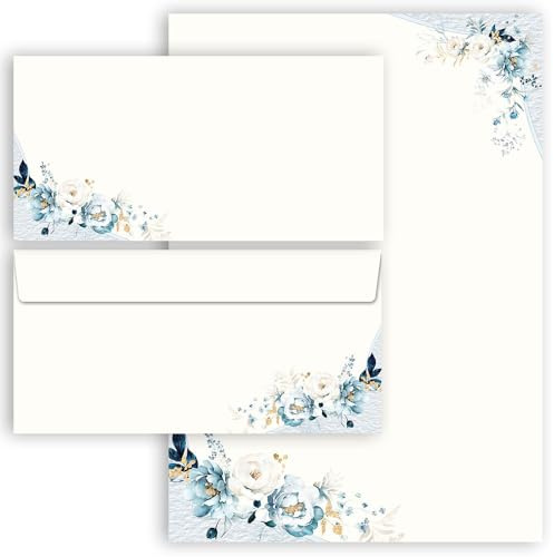 Brevpappersset, 20 delar Blå blommor, 10 ark brevpapper + 10 matchande kuvert utan fönster, DIN A4 och DIN LÅG i uppsättningen; brevpapper med kuvert