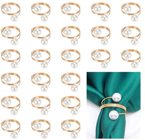 Pearl Napkin Rings, 24pcs Spiral Serviette Buckle Holder Wedding Party Table Napkin Buckles, Pearl Metal Napkin Clasps for Dining Anniversary Birthday Christmas Banquet Table Decoration (Spiral)