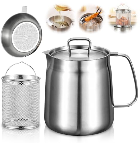 Recipiente para grasa de tocino, 2 L, mini olla de acero inoxidable con colador, filtro de aceite, recipiente para grasa de tocino, herramienta de cocina para almacenar aceite de fritura y grasa de