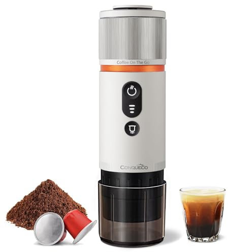CONQUECO Tragbare Espressomaschine Elektrische Kaffeemaschine: 12V Auto Reise-Expressomaschine – selbstheizend 8 Tassen Batteriebetrieben, kompatibel mit Nespresso-Kapseln – für Camping - (Perlweiß)