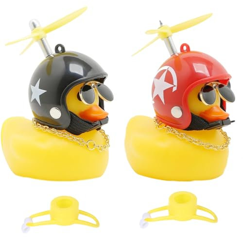 IKOPFLN 2 Stück Gelbe Ente Auto Ornament, Fahrrad zubehör lustig, Ente Fahrrad Bell, Gelb Ente mit Propeller Helm Fahrradglocke Fahrradklingel Kinder Tier Ente Nett Klingel Fahrradglocke (Gelb)
