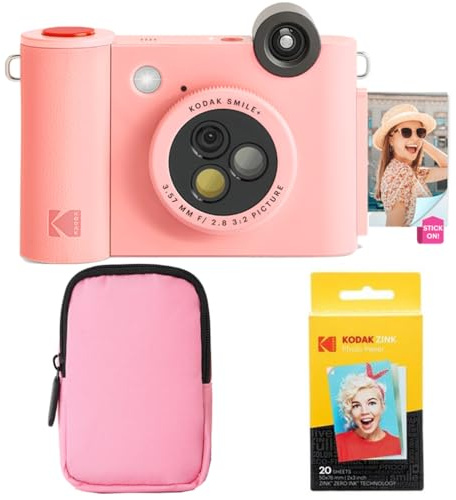 KODAK Smile+ - Paquete de iniciación de cámara instantánea Digital e Impresora fotográfica 2 en 1, Funda Suave + Papel Zink, 10 MP, Lente giratoria, Color Rosa