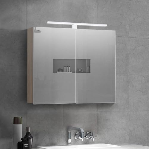 TUKAILAi Meuble de Salle de Bain avec Miroir et Etagères, Armoire Toilette Miroir avec 2 Portes 9 Niveau Étagère à Hauteur Réglable pour Salle de Bain Lavabo Blanc 70 * 70 * 16cm