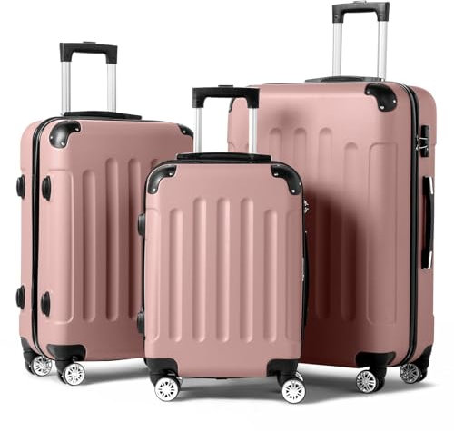 LALAHO Kofferset, 3-teilig (M, L, XL), Leichte Hartschalen-Trolleys aus ABS, Robust und Langlebig, Handgepäck mit 4 Rollen und Eckenschützern, Roségold