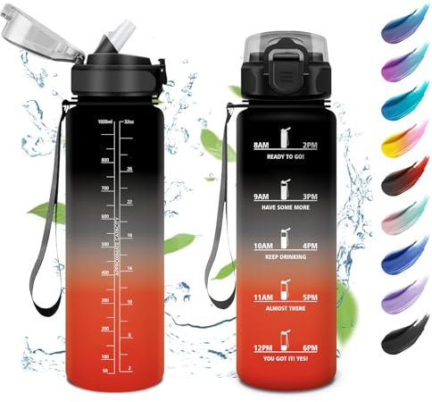Borraccia Palestra 1L, Borraccia a Prova di Perdite, Facile da Aprire, Bottiglia Acqua Sportiva con Indicatore del Tempo, Borraccia con Cannuccia, Borraccia per Adulto, Campeggio, Ciclismo, Lavoro