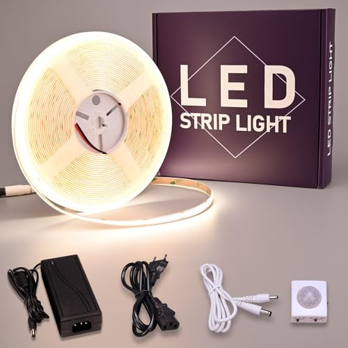 GOMING 24V 10M Striscia LED COB con Sensore Movimento Bianco Naturale 4000K | Strisce LED con 24V 3A Alimentatore IP20 Non Impermeabile CRI 93+ per Mobili Cucina Scala Vetrina Camera da Letto Letto