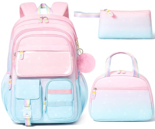 Fimibuke Backpacks for Girls, 3 PCS Gradient Kids Bookbag Set for School | with Lunch Box & Pencil Case, Waterproof Backpack for Teen Girl Kindergarten Elementary Middle High School Student Travel