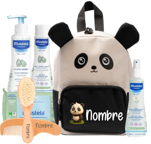 Mababyshop Mi Primera Canastilla para Bebé, Mochila Personalizada con Nombre, Set de Higiene, Cepillo Supersuave y Peine de Madera Grabados (Mochila Panda)