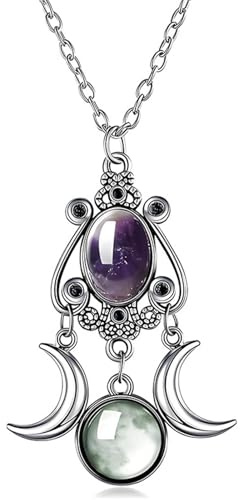 Dreuyet Gothic Moon Crystal Necklace for Women Vintage Punk Red Black Purple Crescent Necklaces Goth Triple Moon Goddess Amulet Pendant Halloween Costume Jewelry, Middle, Crystal Metal, No Gemstone