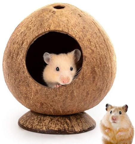Peosaard Hamster Hideout, Hamster House 5.3x4.7in Coconut-Shaped Hide with Stable Base & 2.2in Hole Natural Breathable Hideout Decorative Restful Hut for Cage, Hut