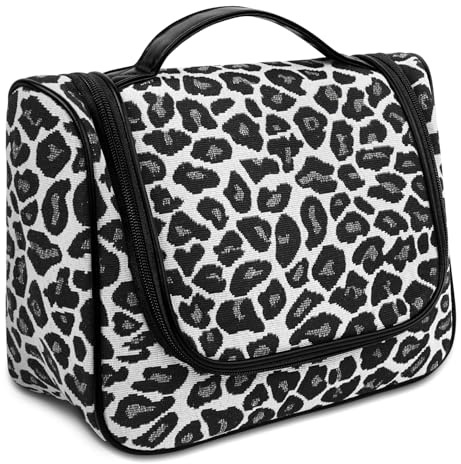 OSDUE Sac à Cosmétiques Imprimé Léopard, Noir Grande Trousse de Toilette Trousse Maquillage Suspendue de Voyage avec Poignée à Glissière pour Voyage Femme Homme, 27 * 12 * 20cm