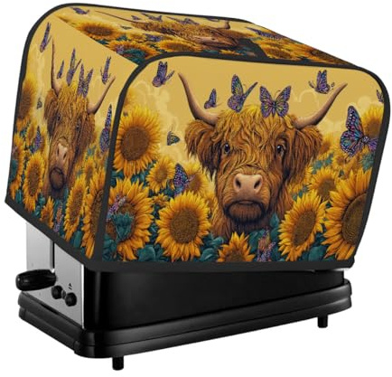 Farm Sunflower Field Highland Cow Toaster Cover 2 Slice Dust Cover for Bread Machine,Small Kitchen Appliance