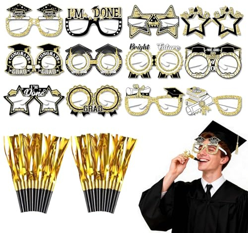 LEOINAER Occhiali da Laurea Set 12 Pezzi, con Fischietto e Design Elegante per Foto di Laurea, Occhiali per Festa di Laurea Unisex, Accessori per Cerimonia di Laurea e Regalo di Successo