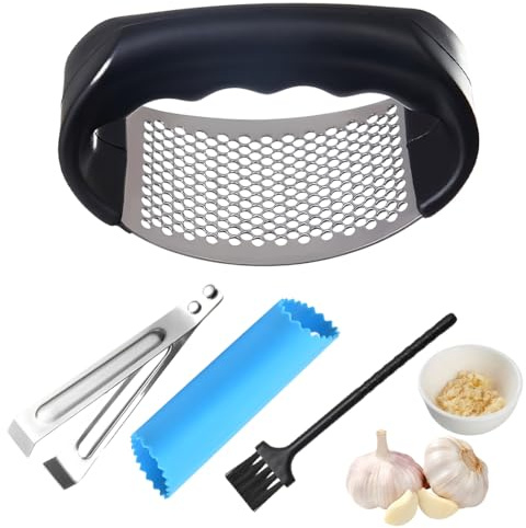 LACHT 4 Pièces Presse Ail, 1 Presse-Ail, 1 Éplucheur D'Ail En Acier Inoxydable, 1 Éplucheur À Main, 1 Brosse, Ustensiles De Cuisine Complet, Pour Préparation Aliments, Maison, Cuisine