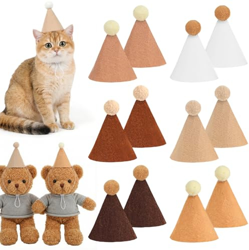 12 Stück Mini Partyhüte Für Kuscheltiere Braun Tierhüte Mit Bommeln Verstellbare Filzhüte Boho-Stil Partyhüten Kegel Hat Haustier Partyhut Tiere Geburtstagshut Puppen Hunde Katzen Kaninchen