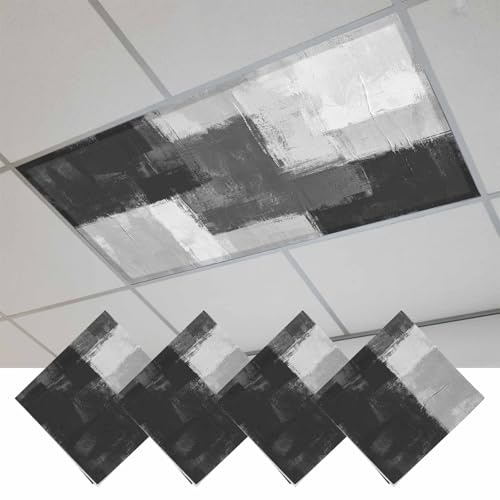 Fluorescent Light Covers, Black Abstract Magnetic Light Covers for Ceiling Lights, Grey Geometric Oil Painting Vintage Ombre Fluorescent Ceiling Shade Filters for Classroom Bedroom Office 4x2Ft x 4PCS