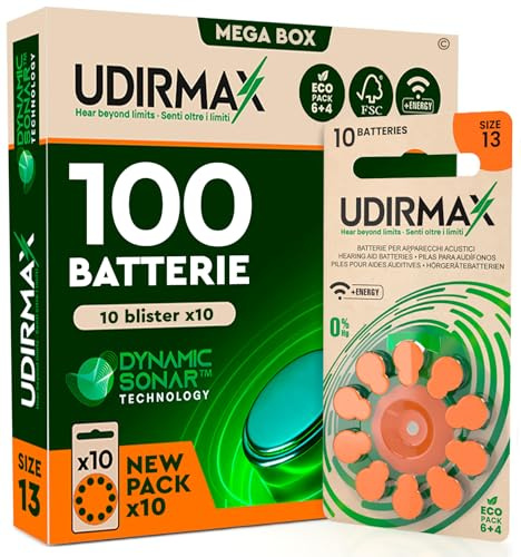 100 Batterie per Apparecchi Acustici Misura 13 (Arancioni) PR48 Udirmax Pile Zinco-Aria 0% Mercurio 1,45V Eco Pack - 10 Blister Ecologici da 10 Pile