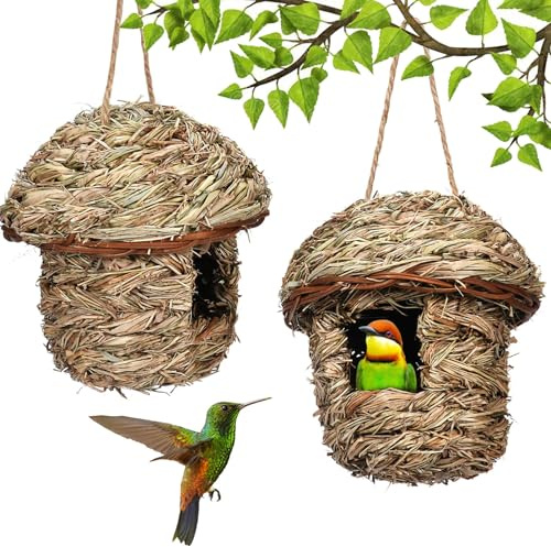 Hperu Confezione da 2 Casette per Colibrì in Paglia Naturale Intrecciata a Mano, per Appendere Il Nido di Colibrì per la Decorazione del Giardino Esterno e del Balcone