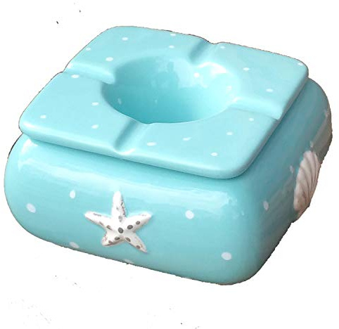 Land-Haus-Shop Wind Aschenbecher XL Sturmaschenbecher, Windascher mit Aufsatz Deckel Windaschenbecher Keramik (Meer Design hellblau 12,7 x 12,7 x 6,8cm)