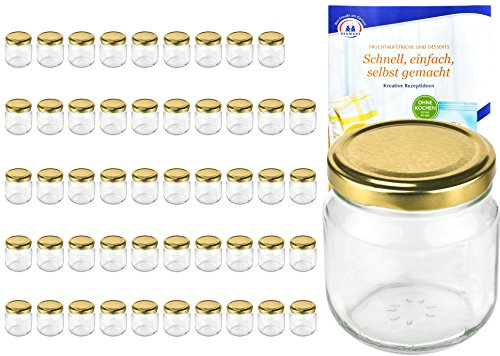 MamboCat 50er Set Rundgläser 212 ml nieder Deckelfarbe Gold to 66 inkl. Diamant Gelierzauber Rezeptheft, Marmeladengläser, Einmachgläser, Einweckgläser, Gläser
