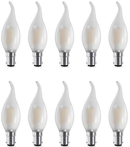 BELINGGO B15 SBC Small Bayonet Cap Candle Bulbs, B15d LED Dimmable Filament Candelabra Bulbs, C35 Soft Warm White 2700K, Frosted Glass Flame Shape Bent Tip, Energy Saving Light Bulb, 10 Pack