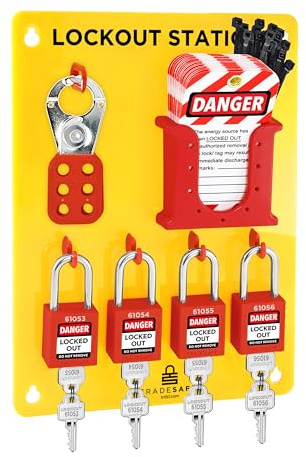 TRADESAFE Lockout Tagout Station with Loto Devices - Lock Out Tag Out Kit Board with 4 Pack Safety Lock Set, Hasp for Padlocks, 20 Do Not Operate Tags for Lockout Safety Supply, OSHA Compliance