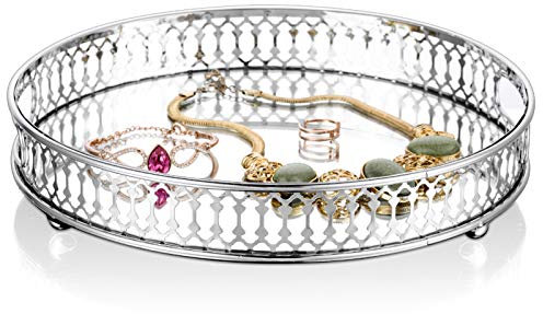 NUPTIO Spiegelglas Makeup Tablett 25cm Durchmesser, Silber Runde Deko Tablett Kerzenplatte Schmuck Tablett Lagerung Organizer Spiegel Waschtisch Tablett für Couchtisch Kommode Badezimmer Schlafzimmer