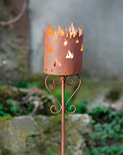 Dekoleidenschaft Gartenfackel Flammenkelch aus korrodiertem Metall in Rost-Optik, 90 cm hoch, Gartenstecker, Kerzenhalter, Garten-Deko für Draußen